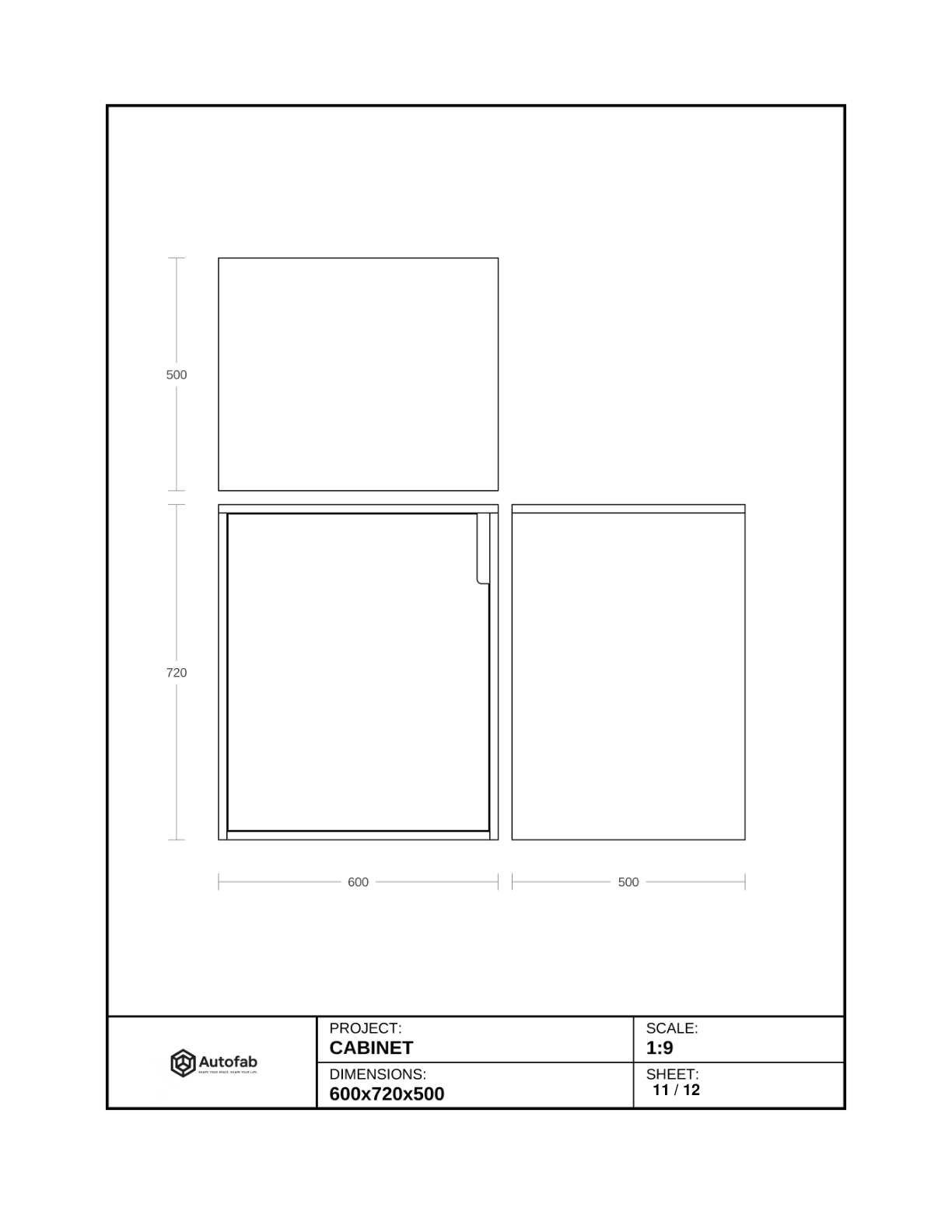Technical drawings with front, top, and side views with dimensions